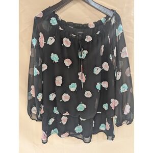 Ann Taylor XL Black Floral Print Sheer Long Sleeve‎ Blouse Tie Neck